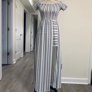 Smocked Off-the-Shoulder Romper w/ Maxi Overlay